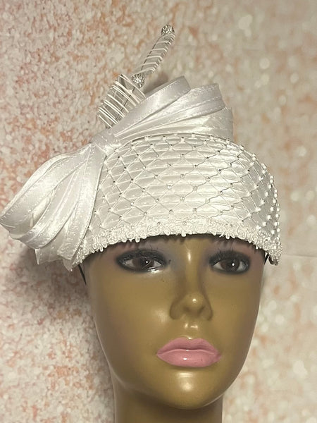 White Rhinestone Beaded Half Hat Fascinator for Church, Weddings and Special Occasion