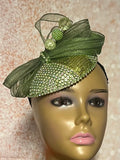 Green Rhinestone Button Pillbox Fascinator Half Hat, Church Head Covering, Headwear, Tea Parties, Weddings and other Special Occasions