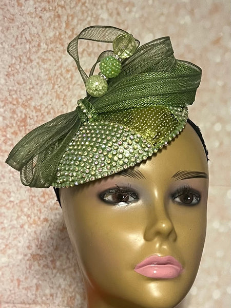 Green Rhinestone Button Pillbox Fascinator Half Hat, Church Head Covering, Headwear, Tea Parties, Weddings and other Special Occasions