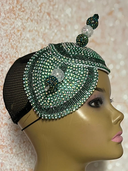 Green Beaded Rhinestone Double Cup Fascinator | Double Teardrop Half Hat for Church