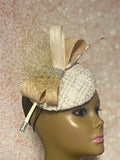 Cream and Gold Button Fascinator Half Hat for Church Head Covering, Tea Party, Wedding and Other Special Occasions