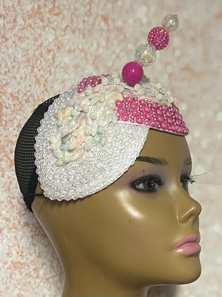 Hot Pink and Off-White Iridescent Rhinestone Double Cup Teardrop Beaded Fascinator