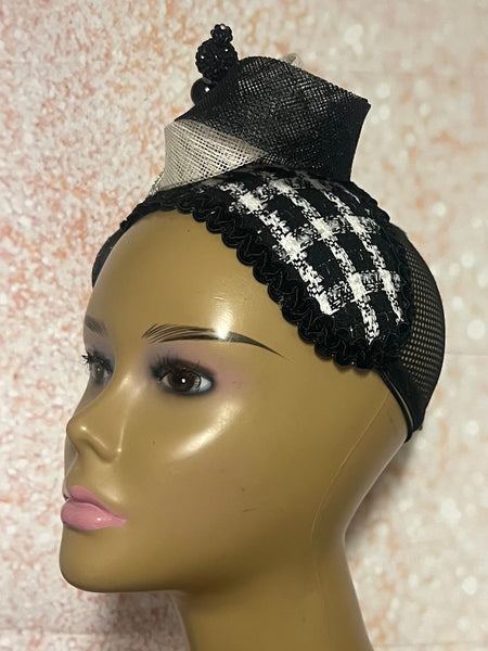 Black and White Houndstooth Tweed Headband Fascinator Half Hat for Church Head Covering, Tea Party, Wedding and Other Special Occasions