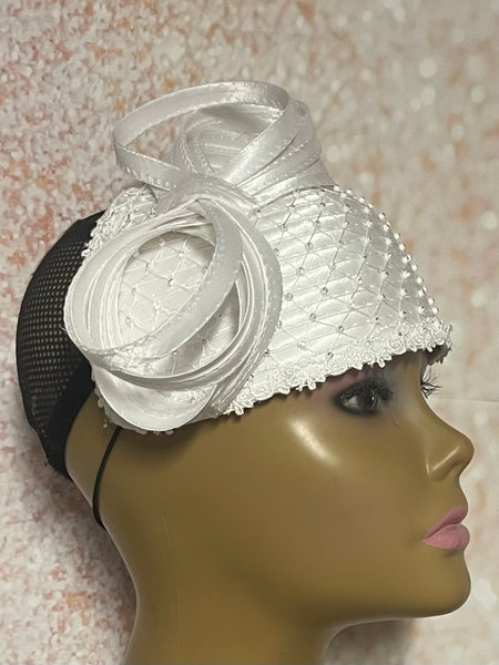 White Rhinestone Beaded Half Hat Fascinator for Church, Weddings and Special Occasion
