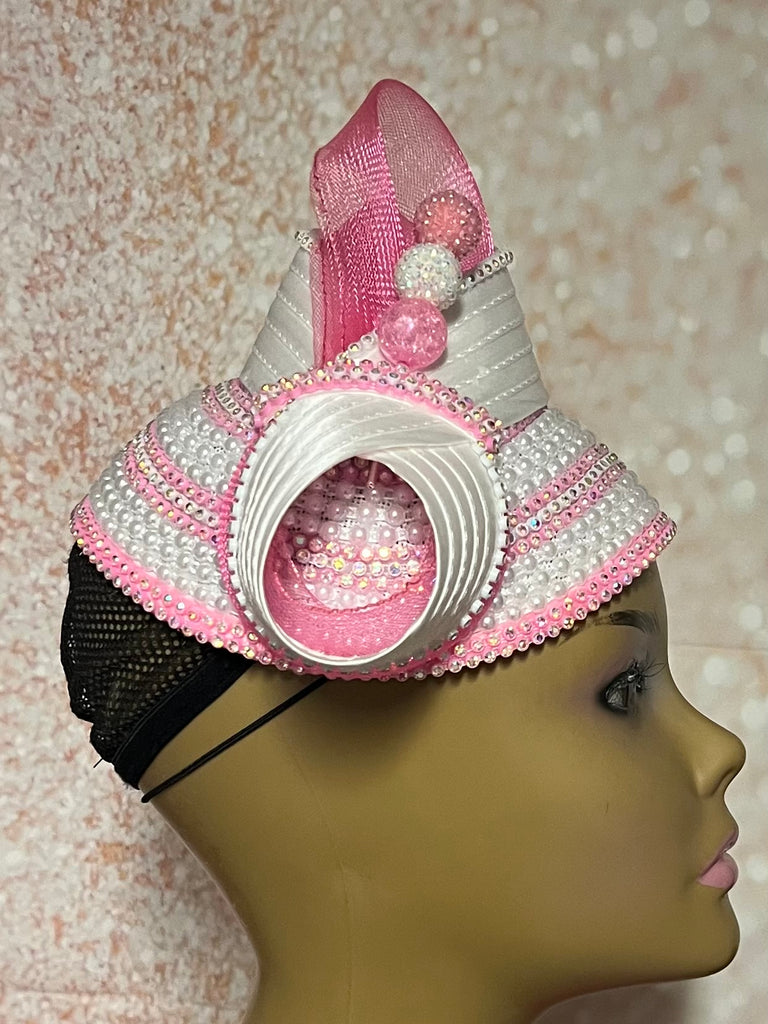 Beautiful Pink and White Beaded Full Hat for Church, Wedding, Mother of the Bride, Head Covering, Tea Parties and other special occasions