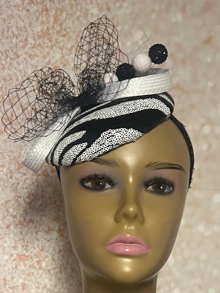 Black and White Zebra Striped Sequin Half Hat Fascinator for weddings, church and special occasions, Gift for Mom, Sister, Wife, Her