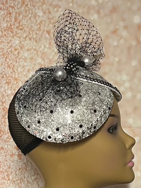 Silver Sinamay Mesh Bling Fascinator Half Hat for Church, Tea Parties, Weddings and other special occasions