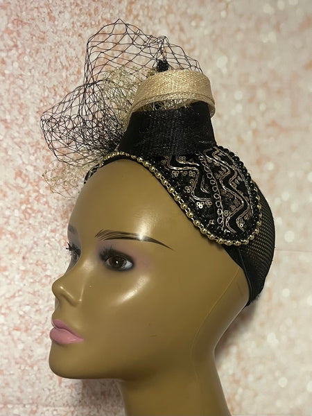 Black and Gold Beaded Sequin Headband Half Hat Fascinator for weddings, church and special occasions