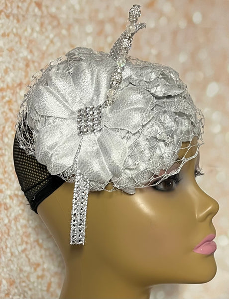 Silver Flower Fascinator Half Hat for Church head covering, Tea Party, Wedding, and other Special Occasions