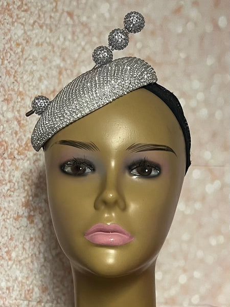 Rhinestone Silver Bling Button Cocktail Fascinator Half Hat for Church, Tea Parties, Weddings and other special occasions