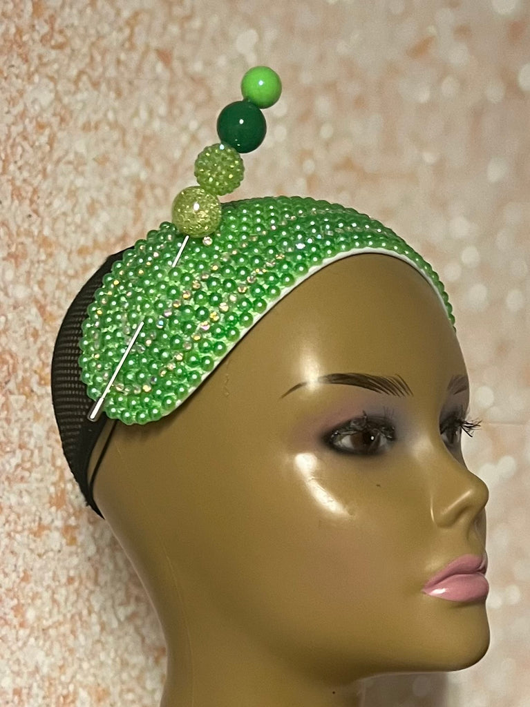 Green Beaded Headband-Shaped Fascinator Half Hat for Church, Tea Parties, Weddings and other special occasions