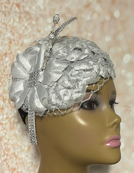 Silver Flower Fascinator Half Hat for Church head covering, Tea Party, Wedding, and other Special Occasions