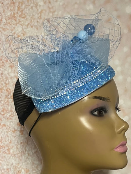 Blue Beaded Crystal Teardrop Fascinator Hat, Light Blue Wedding, church, tea party Special Occasion Headwear