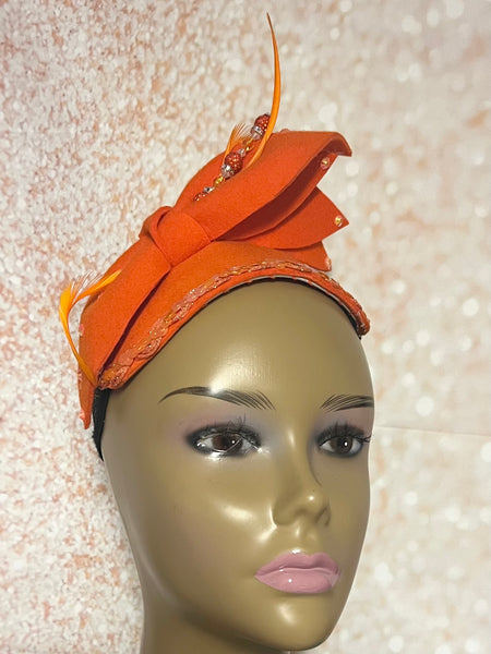 Orange Felt Small Half Hat Fascinator for Church Head Covering, Wedding, Tea Party, Mother of the Bride, and Other Special Occasions