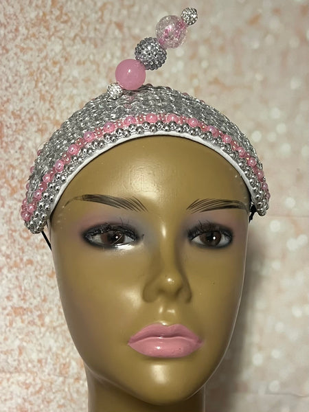 Pink and Silver Beaded Fascinator Half Hat, Church Head Covering