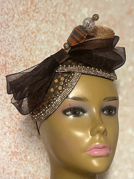 Brown Bronze Gold Double Teardrop Fascinator, Multicolor Earth Tone Double Cup Special Occasion Half Hat for church