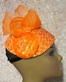 Orange Sequin Half Hat Fascinator for Church Head Covering, Wedding, Tea Party, Mother of the Bride, and Other Special Occasions