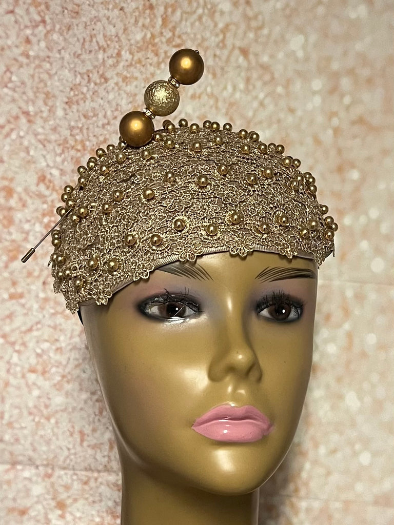 Gold Beaded Fascinator Half Hat for Church, Tea Parties, Weddings and other special occasions