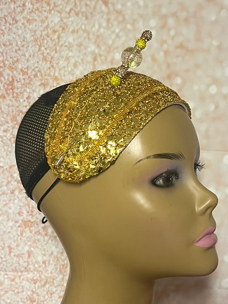 Yellow Gold Sequin Beaded Headband-Shaped Fascinator Half Hat for Church, Tea Parties, Weddings and other special occasions