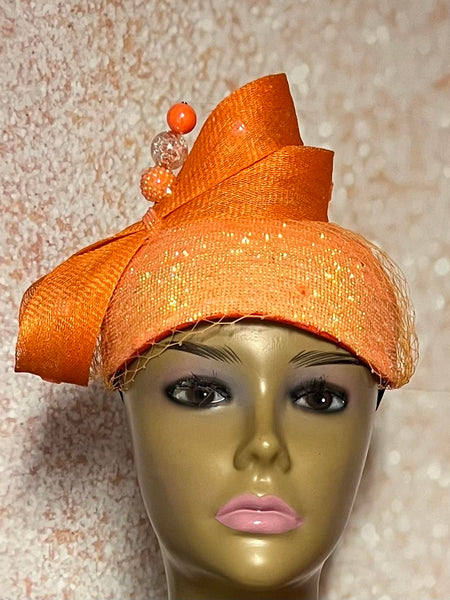Orange Crystal Rhinestone Full Fascinator Hat for Church Head Covering, Wedding, Tea Party, Mother of the Bride, and Other Special Occasions