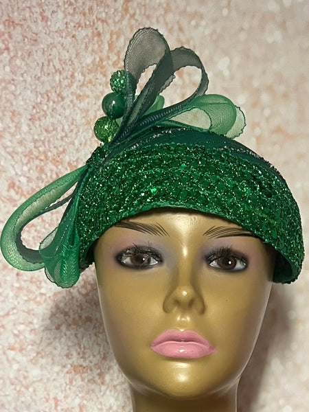 Green Crystal and Sequin Full hat for Church, Wedding, Mother of the Bride, Head Covering, Tea Parties and other special occasions