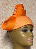 Orange Crystal Rhinestone Full Fascinator Hat for Church Head Covering, Wedding, Tea Party, Mother of the Bride, and Other Special Occasions