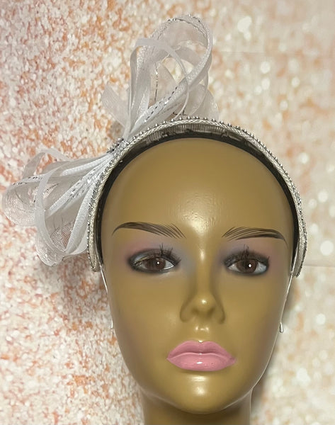 White Sinamay Lace Sequin Headband Fascinator, for Weddings, Church, Tea Parties, and other Special Occasions