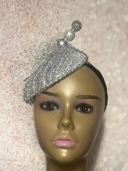 Silver Sequin Circle Button Shiny Bling Fascinator Half Hat for Church, Tea Parties, Weddings and other special occasions