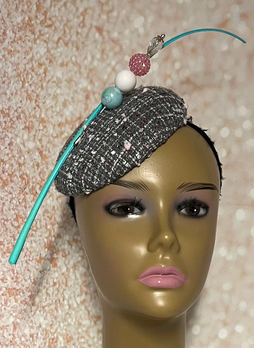 Gray Tweed Fascinator Half Hat, Button Pillbox Hat for Church head covering, Tea Party, Wedding, and other Special Occasions