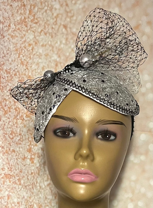 Silver Sinamay Mesh Bling Fascinator Half Hat for Church, Tea Parties, Weddings and other special occasions