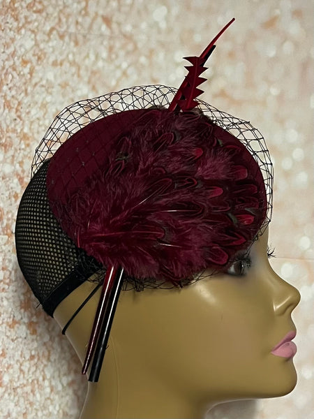 Burgundy Fascinator Cocktail Half Hat for Church, Weddings, Tea Parties and other special occasions