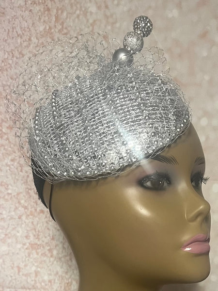Silver Sequin Circle Button Shiny Bling Fascinator Half Hat for Church, Tea Parties, Weddings and other special occasions