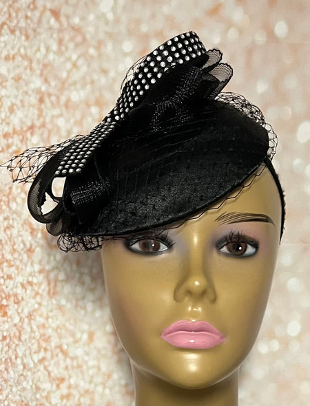 Black Braid Rhinestone Fascinator Half Hat for Church head covering, Weddings, Tea Parties, and Other Special Occasions
