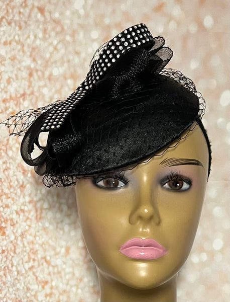 Black Small Satin Fascinator Half Hat for Church Head Covering, Tea Party, Wedding and Other Special Occasions