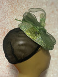 Green Rhinestone Button Pillbox Fascinator Half Hat, Church Head Covering, Headwear, Tea Parties, Weddings and other Special Occasions