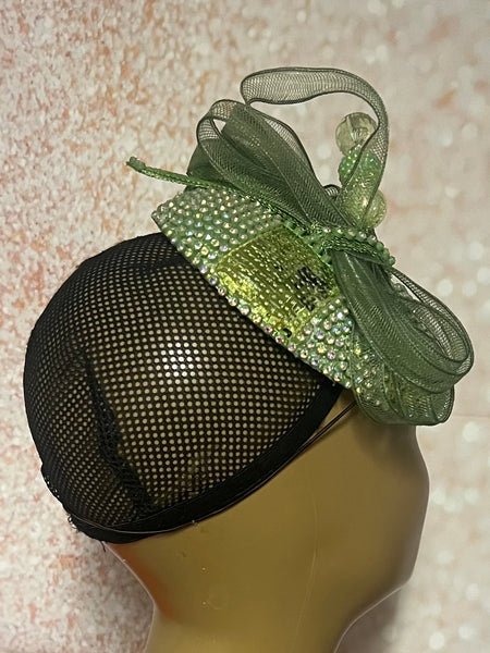 Green Rhinestone Button Pillbox Fascinator Half Hat, Church Head Covering, Headwear, Tea Parties, Weddings and other Special Occasions