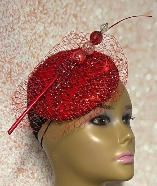 Red Cocktail Fascinator Church Half Hat, Beaded Lace Tea Party Hat, Mother of the Bride Wedding Hat, Perfect Gift for Mom and Wife
