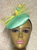 Mint Green and Yellow Button Pillbox Fascinator Half Hat, Church Head Covering, Headwear, Tea Parties, Weddings and other Special Occasions