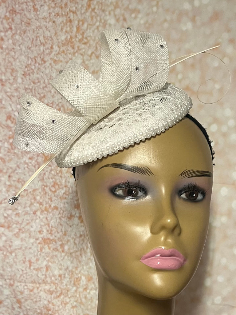 Cream/Off White Small Circular Lace Fascinator Half Hat, Church Head Covering, Tea Parties, Weddings