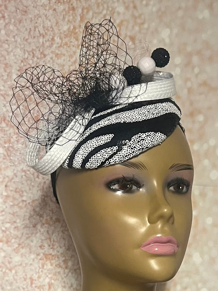 Black and White Zebra Striped Sequin Half Hat Fascinator for weddings, church and special occasions, Gift for Mom, Sister, Wife, Her