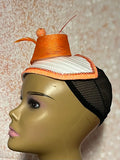 White and Orange Satin Half Hat Fascinator for Church Head Covering, Wedding, Tea Party, Mother of the Bride, and Other Special Occasions