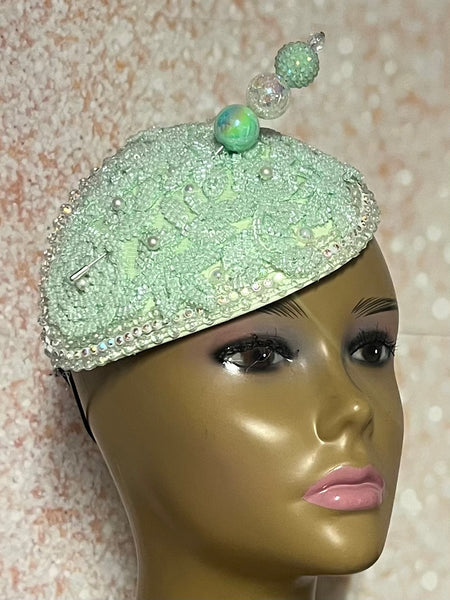 Mint Green Crystal Bead Bling Fascinator | Teardrop Half Hat for Church