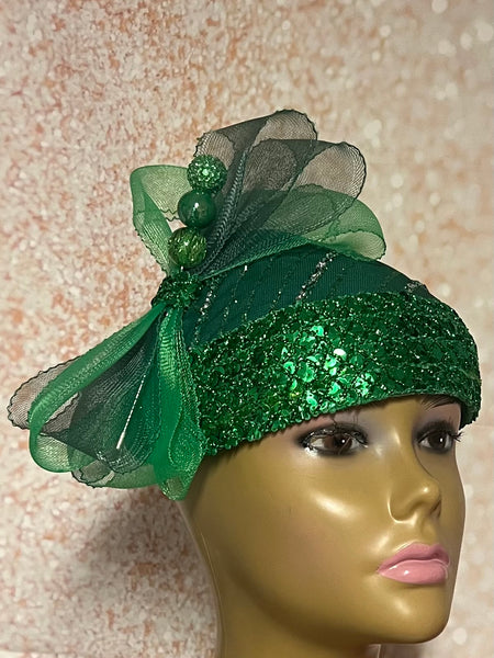 Green Crystal and Sequin Full hat for Church, Wedding, Mother of the Bride, Head Covering, Tea Parties and other special occasions