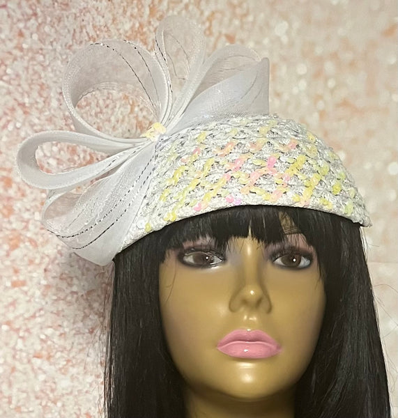 White Iridescent Sequin Fascinator Half Hat for Church, Weddings, Tea Parties, and other Special Occasions