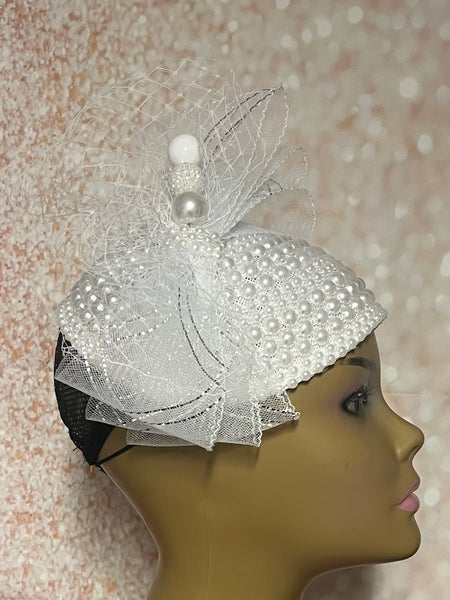 White Beaded Pearl Three Quarter/Full Hat Fascinator for weddings, church and special occasions, Gift for Mom, Sister, Wife, Her