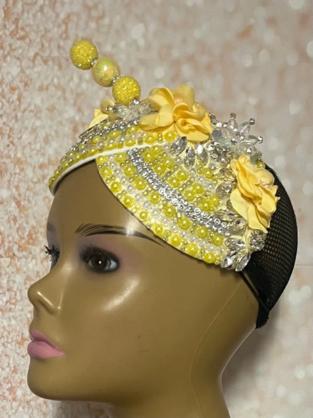 Yellow Rhinestone Beaded Flower Double Cup Fascinator, Double Teardrop Church Special Occasion Half Hat