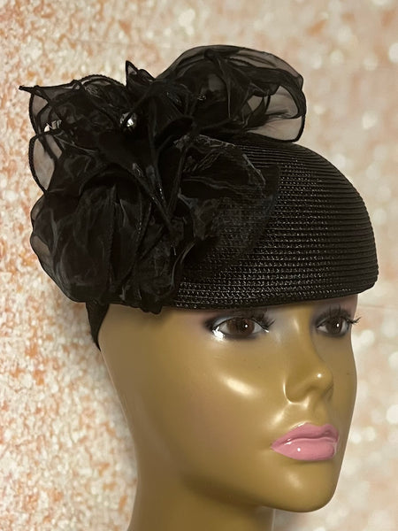 Beautiful Black Sinamay Half Hat Fascinator for weddings, church, tea parties and special occasions