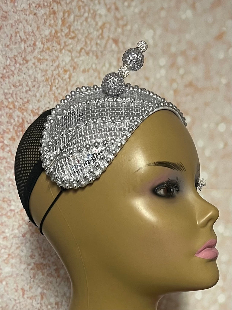 Silver Sequin Beaded Headband-Shaped Fascinator Half Hat for Church, Tea Parties, Weddings and other special occasions