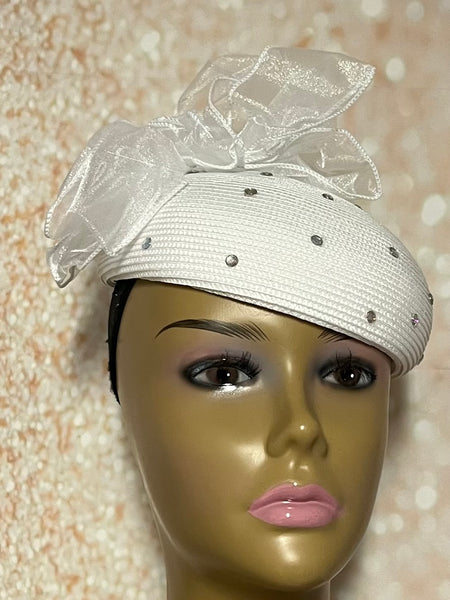 White Flower Full Hat Fascinator for weddings, church and special occasions