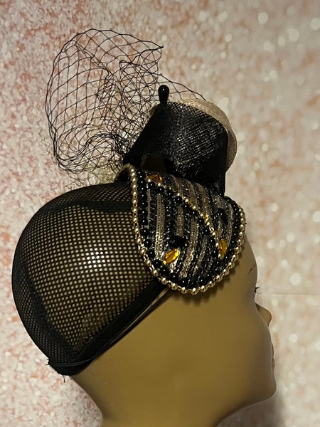 Black and Gold Beaded Sequin Headband-shaped Half Hat Fascinator for weddings, church and special occasions, Gift for Mom, Sister, Wife, Her